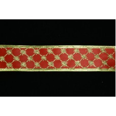 1.5 Inch Red With Gold Wired Christmas Ribbon, Metallic Diamond with Stars On Red Satin, 25 Yds (Lot of 1 Spool) SALE ITEM