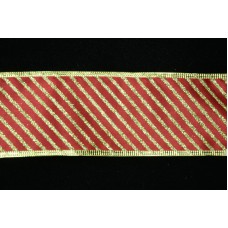 2.5 Inch Red With Gold Wired Christmas Ribbon, Gold Metallic Striped Pattern On Red Satin, 25 Yds (Lot of 1 Spool) SALE ITEM