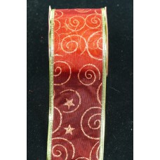 2.5 Inch Red & Gold Wired Christmas Ribbon w/ Gold Edges - Red Organza w/ Gold Swirl Pattern, 2.5 Inch x 10 Yards (Lot of 1 Spool) SALE ITEM