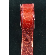 1.5 Inch Red Wired Christmas Ribbon w/ Red Edges - Red Organza w/ Red Glittered Swirl Pattern, 1.5 Inch x 10 Yards (Lot of 1 Spool) SALE ITEM