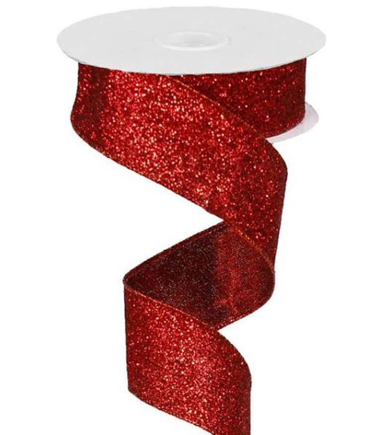 1.5 Inch Red Glitter Christmas Ribbon with a Wired Edge, 10 Yards