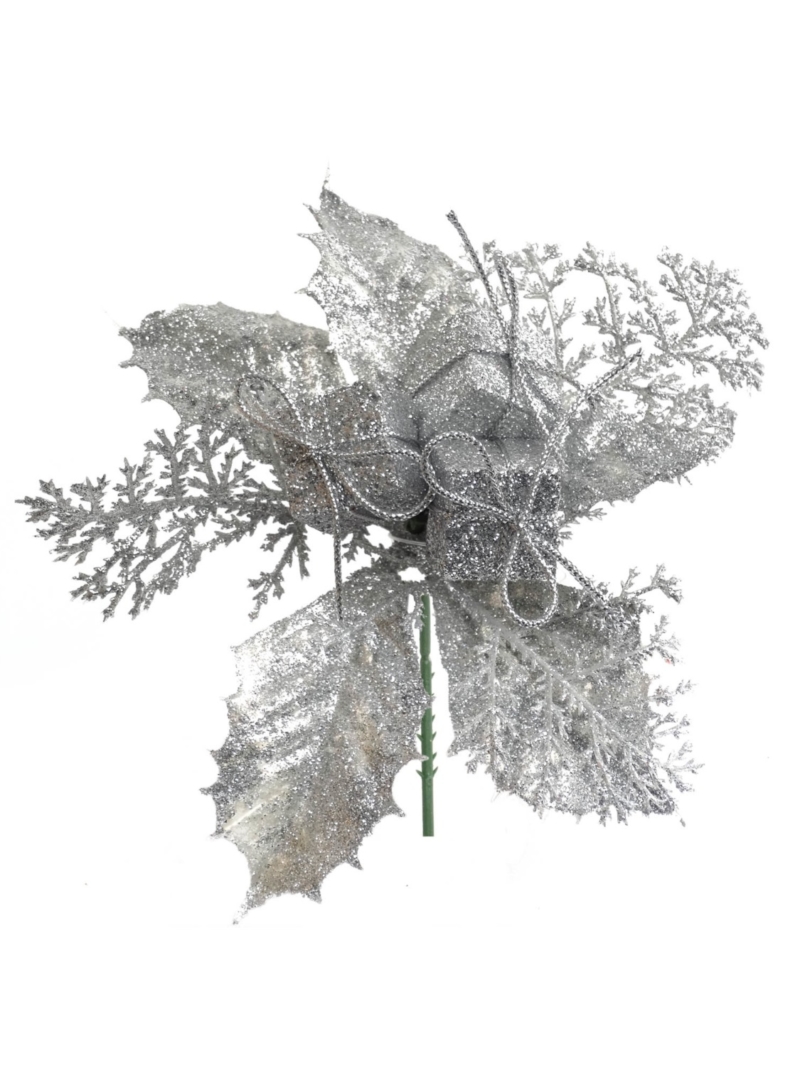 Silver Glittered Wreath Pick With Holly and Cedar (Lot of 12 Picks