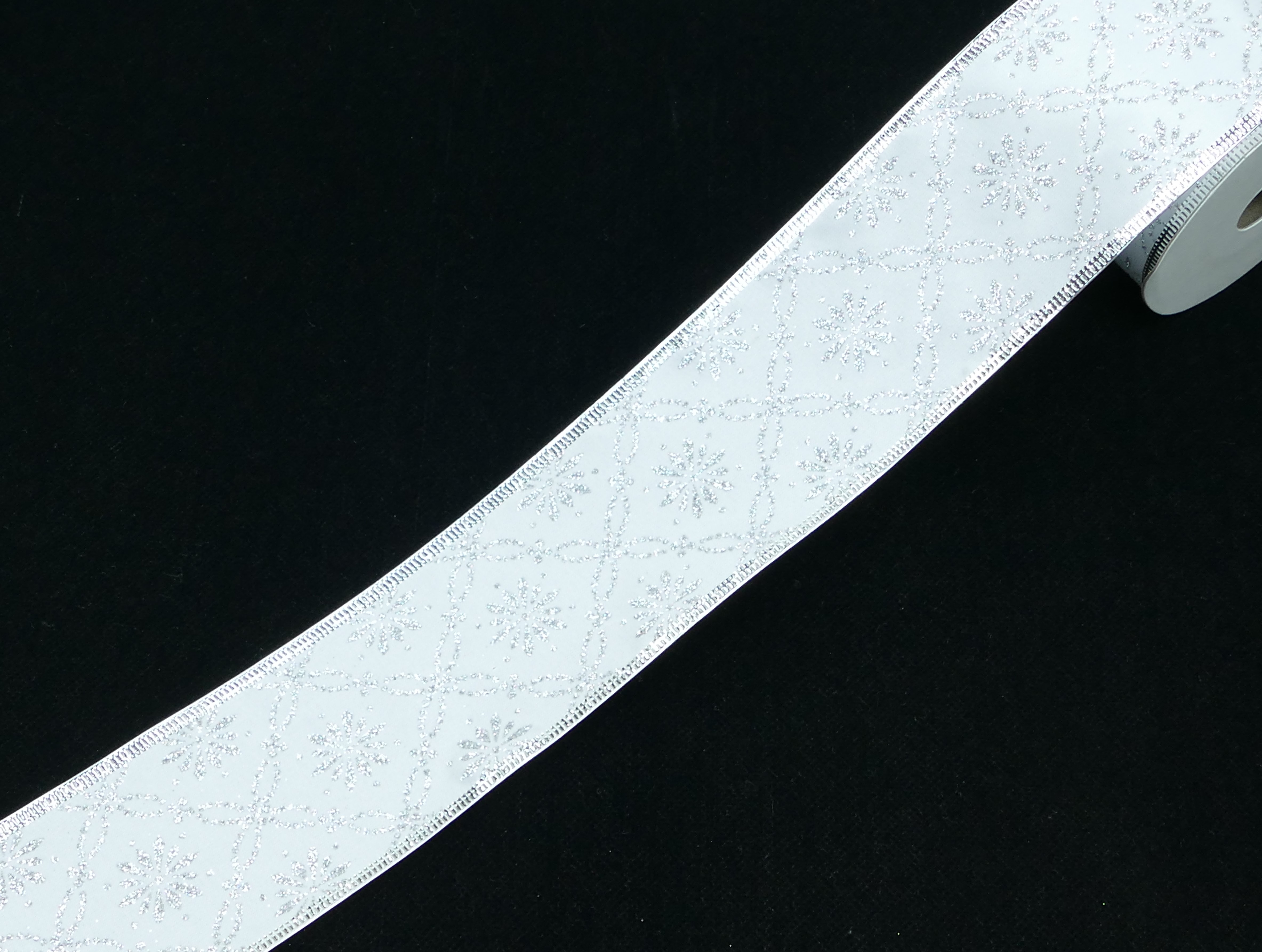 2.5 Navy Linen Silver Snowflake Ribbon (10 Yards)