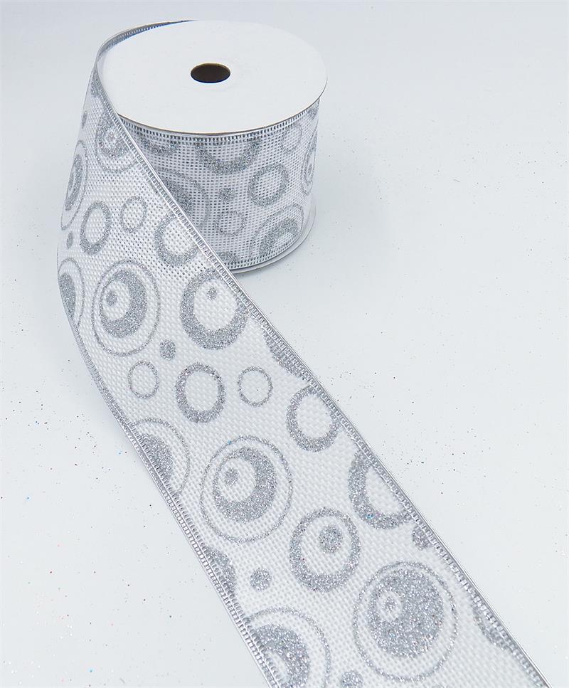 Wired ribbon - white, silver - width 4 cm 