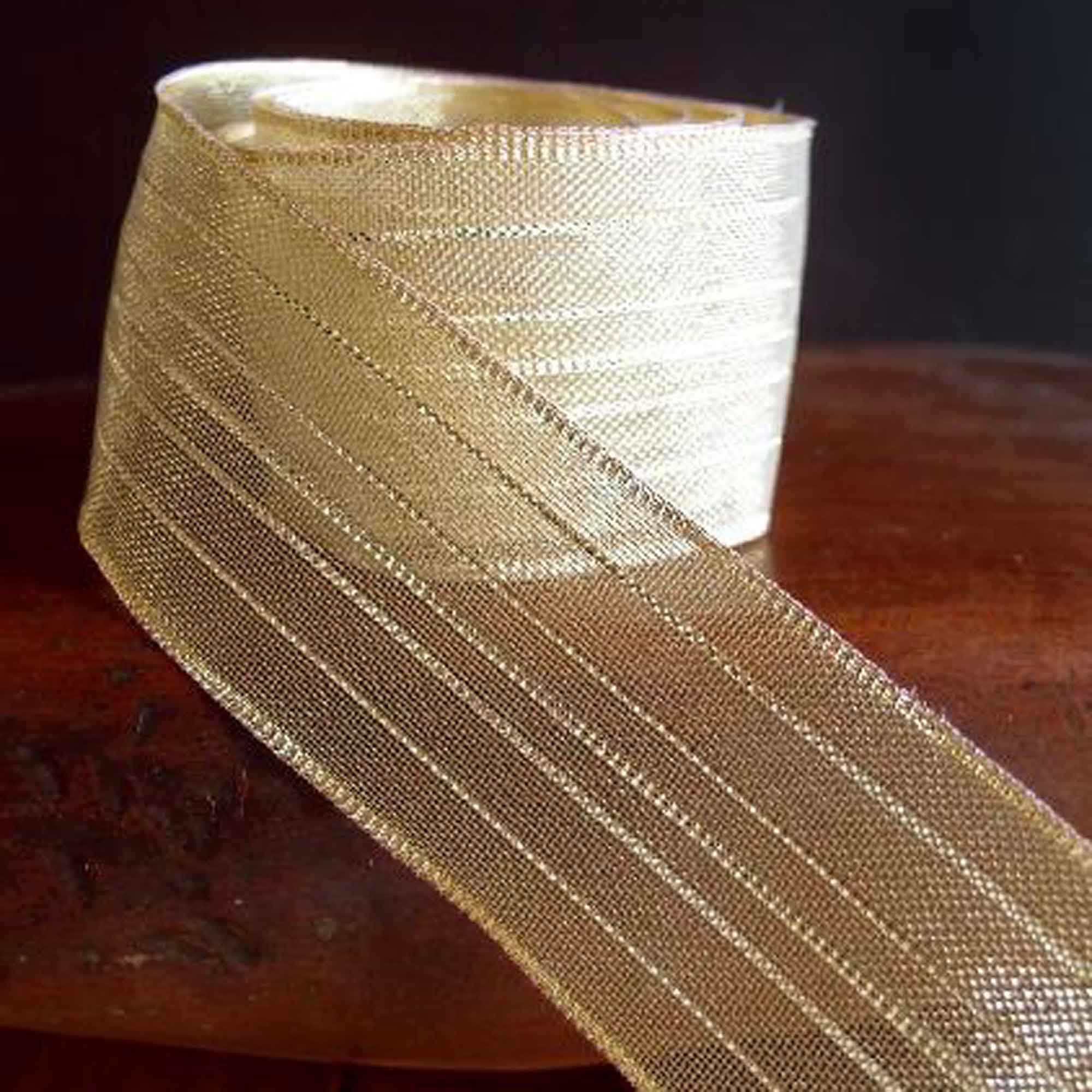 Wired Metallic Sheer Ribbon with Gold Stripes, 25 yards