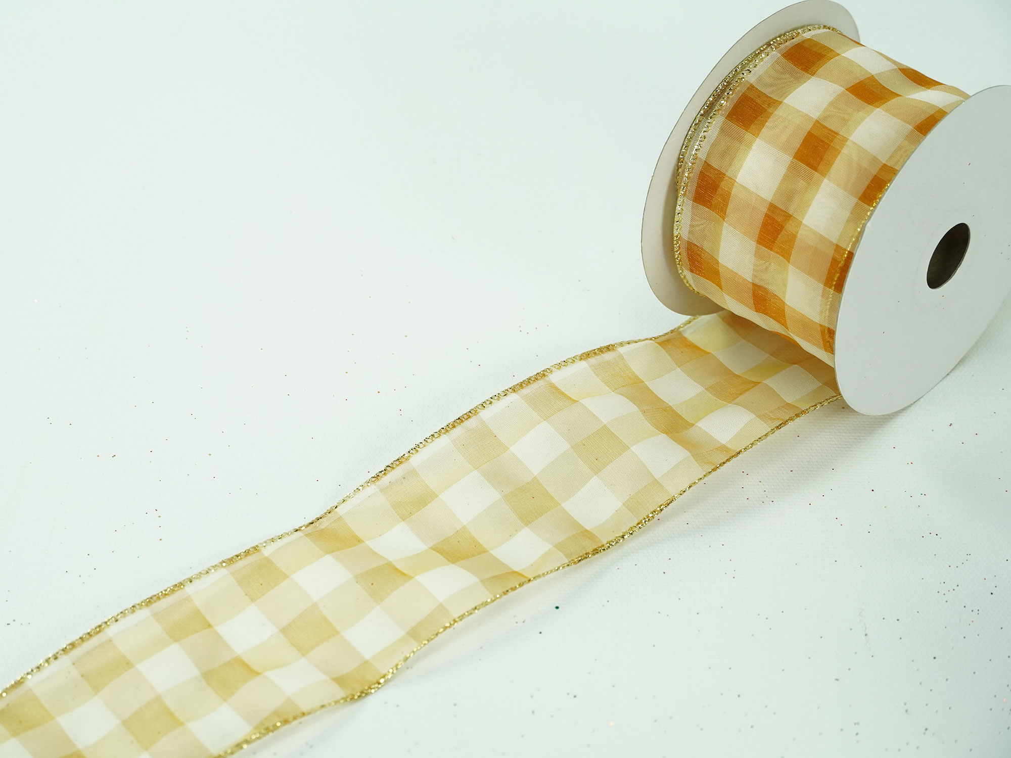 Wired Christmas Ribbon w/ Gold Edges - Sheer Gold / White Checkered  Pattern, 2.5 inch