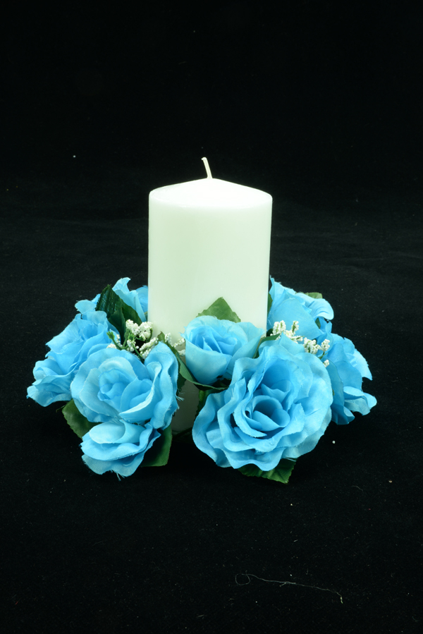 8 Turquoise CANDLE RINGS with SILK ROSES Wedding Flowers for Centerpieces 