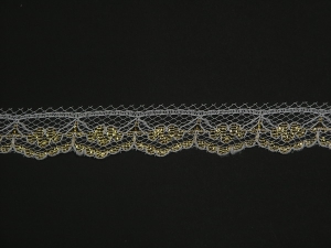 .75 Inch Flat Lace Trim, White - Gold (50 yards) MADE IN USA