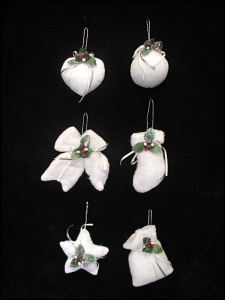White Fabric Ornament, 6 assorted (lot of 12) SALE ITEM
