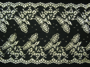 11.625 Inch Flat Double Scalloped Edge Galloon Lace, Black - Gold (149 YARDS - FULL SPOOL) MADE IN USA