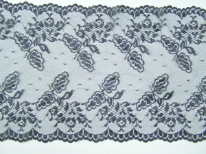 11.625 Inch Flat Double Scalloped Edge Galloon Lace, Black With Black Iridescent (206 YARD - FULL SPOOL) MADE IN USA