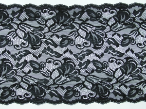 9.75 Inch Flat Double Scalloped Edge Galloon Lace, Black (227 YARDS - FULL SPOOL) MADE IN USA