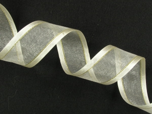 Organza Ribbon With Satin Edge and Gold Stripe , Ivory, 7/8 Inch x 25 Yards (1 Spool) SALE ITEM