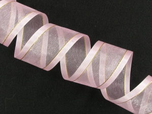 Organza Ribbon With Satin Edge and Gold Stripe , Light Pink, 7/8 Inch x 25 Yards (1 Spool) SALE ITEM