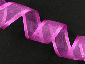 Organza Ribbon With Satin Edge and Gold Stripe , Fuchsia, 7/8 Inch x 25 Yards (1 Spool) SALE ITEM