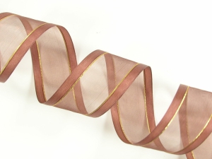Organza Ribbon With Satin Edge and Gold Stripe , Brown, 7/8 Inch x 25 Yards (1 Spool) SALE ITEM