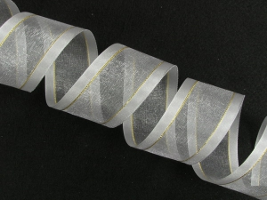 Organza Ribbon With Satin Edge and Gold Stripe , Silver, 5/8 Inch x 25 Yards (1 Spool) SALE ITEM