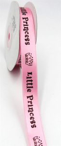 Printed " Little Princess " Single Faced Satin Ribbon, Pink with Black, 5/8 Inch x 25 Yards (1 Spool) SALE ITEM