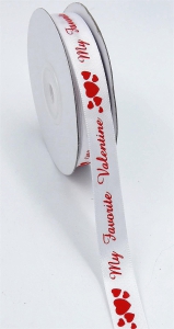 Printed " My Favorite Valentine " Single Faced Satin Ribbon, White with Red, Valentine's Day Ribbon, 5/8 Inch x 25 Yards (1 Spool) SALE ITEM