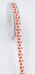 Printed " Small Red Hearts Motif " Single Faced Satin Ribbon, White with Red, Valentine`s Day Ribbon, 3/8 Inch x 25 Yards (1 Spool) SALE ITEM