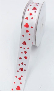 White Satin Ribbon Printed with Red Hearts, Valentine's Day Ribbon, 7/8 " x 25 Yards (1 Spool) SALE ITEM