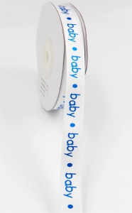 Printed " baby " Single Faced Satin Ribbon, White with Metallic Blue, 3/8 Inch x 25 Yards (1 Spool) SALE ITEM