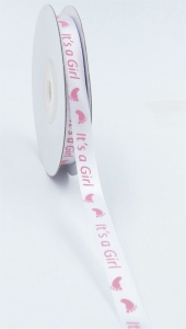 White Satin Ribbon Printed w/ Light Pink Baby Feet "It's a Girl", 3/8 Inch x 25 Yards (1 Spool) SALE ITEM