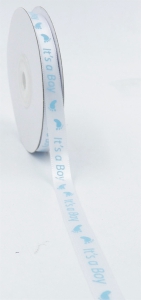 White Satin Ribbon Printed w/ Light Blue Baby Feet "It's a Boy" 3/8 Inch x 25 Yards (1 Spool) SALE ITEM