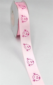 Printed " Smiling Cartoon Style Baby Girl Heads " Single Faced Satin Ribbon , Light Pink with Pink, 5/8 Inch x 25 Yards (1 Spool) SALE ITEM