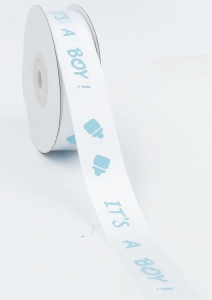 Printed " IT'S A BOY! " Single Faced Satin Ribbon, White with Light Blue Baby Bottles Motif, 7/8 Inch x 25 Yards (1 Spool) SALE ITEM