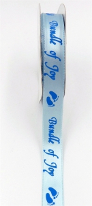 Light Blue Satin Ribbon Printed with "Bundle of Joy" in Blue, 5/8 Inch x 25 Yards (1 Spool) SALE ITEM
