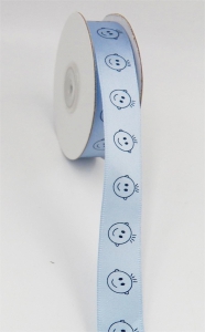 Printed " Smiling Cartoon Style Baby Boy Heads " Single Faced Satin Ribbon , Light Blue with Blue, 5/8 Inch x 25 Yards (1 Spool) SALE ITEM