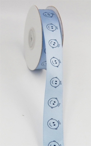 Printed " Smiling Cartoon Style Baby Boy Heads " Single Faced Satin Ribbon , Light Blue with Blue, 5/8 Inch x 25 Yards (1 Spool) SALE ITEM
