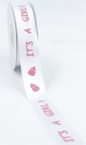 Printed " IT'S A GIRL! " Single Faced Satin Ribbon, White with Light Pink Baby Bottles Motif, 7/8 Inch x 25 Yards (1 Spool) SALE ITEM