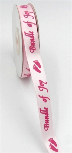 Light Pink Satin Ribbon Printed w/ Pink Baby Footprints "Bundle of Joy", 5/8 Inch x 25 Yards (1 Spool) SALE ITEM
