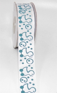 Printed " Baby Duckies With Bubbles " Single Faced Satin Ribbon, White with Light Blue Motif, 7/8 Inch x 25 Yards (1 Spool) SALE ITEM