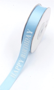 Printed " Happy Birthday " Single Faced Satin Ribbon, Light Blue with Blue Bold Font, 5/8 Inch x 25 Yards (1 Spool) SALE ITEM
