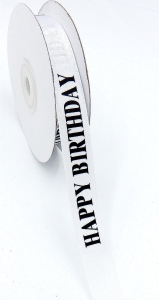 Printed " Happy Birthday " Single Faced Satin Ribbon, White with Black Bold Font, 5/8 Inch x 25 Yards (1 Spool) SALE ITEM