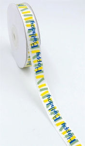 Printed " Happy Birthday " Single Faced Satin Ribbon, White with Blue Fancy Font and Yellow/Green Candles, 5/8 Inch x 25 Yards (1 Spool) SALE ITEM