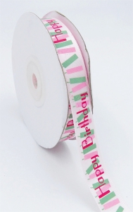 Printed " Happy Birthday " Single Faced Satin Ribbon, Light Pink with Pink Fancy Bold Font and Pink/Green Candles, 5/8 Inch x 25 Yards (1 Spool) SALE ITEM
