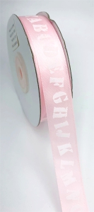 Light Pink Satin Ribbon Printed with Alphabet Letters, 5/8" x 25 Yards (1 Spool) SALE ITEM