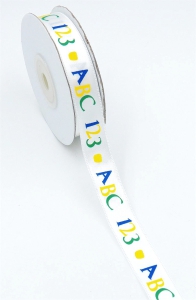 White Satin Ribbon Printed with "ABC 123" Multi-Colored, 5/8 Inch x 25 Yards (1 Spool) SALE ITEM
