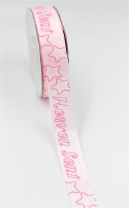 Printed " Heaven Sent " Single Faced Satin Ribbon, Light Pink with White Bold Font and Pink Outlines, 5/8 Inch x 25 Yards (1 Spool) SALE ITEM