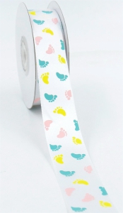 White Satin Ribbon with Printed Pastel Baby Feet, 7/8" x 25 Yards (1 Spool) SALE ITEM