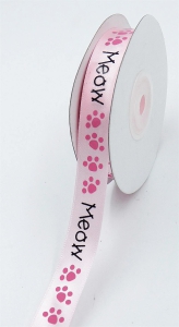 Printed " MEOW " Single Faced Satin Ribbon, Light Pink with Black Font and Pink Paws, 5/8 Inch x 25 Yards (1 Spool) SALE ITEM