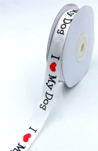 Printed " I Heart My Dog " Single Faced Satin Ribbon, White with Fancy Black Font and a Red Heart, 5/8 Inch x 25 Yards (1 Spool) SALE ITEM