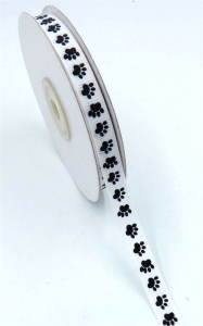 Printed " Paw Prints " Single Faced Grosgrain Ribbon, White with Black Paws, 7/8 Inch x 25 Yards (1 Spool) SALE ITEM