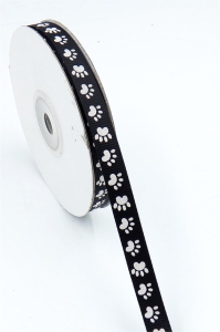 Black Satin Ribbon Printed w/ White Paws, 3/8" x 25 Yards (1 Spool) SALE ITEM