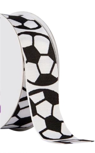 Printed " Soccer Balls " Single Faced Grosgrain Ribbon, White with Black Bold Outlines, 7/8 Inch x 25 Yards (1 Spool) SALE ITEM