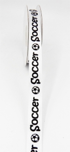 Printed " Soccer " Single Faced Satin Ribbon, White with Black Soccer Balls, 5/8 Inch x 25 Yards (1 Spool) SALE ITEM